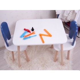 Resim Montessori Çocuk Çalışma Masası Takımı: 1 Beyaz Masa & 2 Mavi Bunny Sandalye Açık Yeşil 