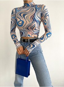 Resim alenmoda Dik Yaka Uzun Kollu Desenli Crop Bluz 