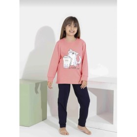 Resim Rapapa Kız Çocuk Kedi Baskılı Uzun Kollu Pijama Takımı - Rahat Ev Giyimi-8411- 