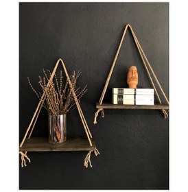 Resim O&Awood 2'Li Halatlı Doğal Ahşap Raf, Dekoratif Duvar Rafı, Ceviz 