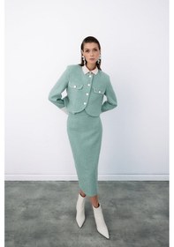 Resim Sateen Süs Düğmeli Tüvit Kalem Etek - Mint-135079 Mint 