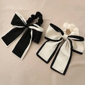 Resim Set of 2 Women's Black and Beige Korean-Style Satin Bowknot Hair Scrunchies: Fresh, Elegant, and Vintage Hair Accessories for Daily Use 