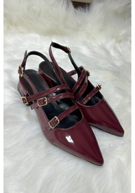 Resim Günlük Kadın Rugan Sivri Burunlu Ayarlanabilir Kemerli Baretli Kısa Blok Topuklu Ayakkabı 455 - 54 Bordo 