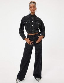 Resim Geniş Paça Kot Pantolon Taşlı Düğmeli Standart Bel Pamuklu - Bianca Wide Leg Jeans 