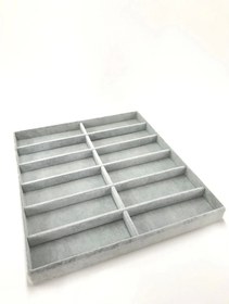 Resim MeGass Dekor Yerli Üretim Havana Model Süet Kumaş Gri Renk 38 Cm / 36 Cm Gözlük Sergileme Çekmece Içi Stand 