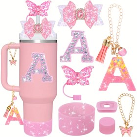 Resim 8 adet Spor Kupası için Aksesuar, Saplı 40oz ve 30oz, Sevimli Kurdele Pipet Üstü Kapak, Kupası Botu, Elmas Pipet Üstü, Bot Kurdele Süsleme Harf Şansları A-Z (KUPA YOK) 