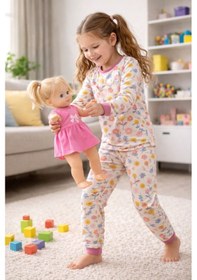 Resim Kız Çocuk Flower Desenli 8 - 13 Yaş Pijama Takımı Ekru 