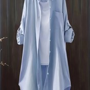 Resim Light Blue Kadınlar için Rahat Uzun Kollu Polyester Gömlek, Bahar/Sonbahar Düğmeli Bluz ile Klasik Yaka, Pürüzsüz Dokuma, Elde Yıkama veya Kuru Temizleme, Günlük Gömlek | Klasik Yaka Bluzu | Parlak Dokuma 
