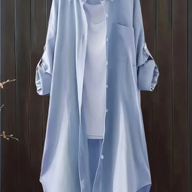 Resim Light Blue Kadınlar için Rahat Uzun Kollu Polyester Gömlek, Bahar/Sonbahar Düğmeli Bluz ile Klasik Yaka, Pürüzsüz Dokuma, Elde Yıkama veya Kuru Temizleme, Günlük Gömlek | Klasik Yaka Bluzu | Parlak Dokuma 