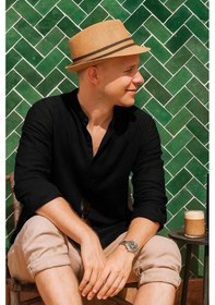 Resim Erkek Uzun Kollu Hakim Yaka Düğmeli Erkek Müslim Gömlek Siyah 