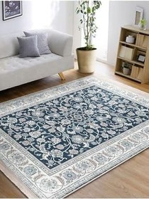 Resim RealHomes Mavi Zemin Uşak Motifli Antik Desenli Etnik Motifler Vintage Oturma Odası Kaymaz Taban Saçaklı Halı HaliDik-Deluxe-11509, 80 x 300 