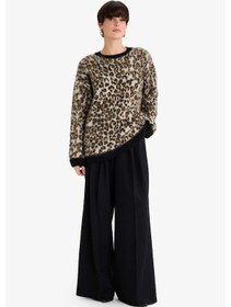 Resim Defacto Oversize Geniş Kalıp Bisiklet Yaka Leopar Desenli Triko Kazak G3386ax25wnbk81 Siyah-bk81 