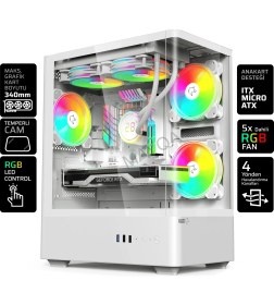 Resim Gametech Intense Beyaz Tuş Kontrollü Rgb 5X120 mm Fan Özel Tak Çıkar Vidasız Kapaklar MATX Gaming Kasa 