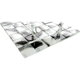 Resim Mutfak Tezgah Arası, Havuz, Banyo, Havuz, Sauna, Spa ve Tüm Ortam ve Yüzeyler Için, 48X48X6 mm. Beyaz Siyah Fırça Desenli, 30X30 cm. Fileli Kristal Cam Mozaik. ( 1 M2 Fiyatıdır ) 