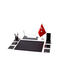 Resim Star Bayraklı Mermer Desenli Ahşap Sümen Takımı Deri Sümen Seti Masa İsimliği - Gümüş 