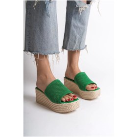 Resim Marla Dolgu Topuklu Ortopedik Taban Hasır Görünümlü Triko Kadın Terlik Kt Yeşil Yeşil 