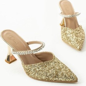 Resim Duxal Shoes Casey Cam Kırıntıları Taş Detaylı Arkası Açık Topuklu Ayakkabı Altin 
