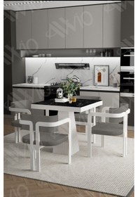 Resim Avvio Bianco Lake Mdf Ayak Tokyo Demonte Sandalye 80x80 Yemek Masası Mutfak Masası 4 Kişilik Siyah Mermer 