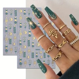 Resim Ramazan Bohem tarzı sıcak damgalı ay yeşil yaprak tırnak çıkartmaları 2'li set, tek kullanımlık kendinden yapışkanlı tırnak DIY sanat dekorasyon aksesuarları 