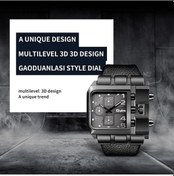 Resim Flybuy Erkekler Kuvars Saat, Kare Kadran, Deri Kemer, Kahve Renkli, 3364 Model, 22mm Band Genişliği, 10mm Kalınlık, Casual Stil Çok Renkli 