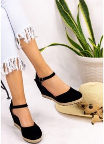 Resim Gerçek Elişi Keten Siyah Espadril Dolgu Topuk Handmade Siyah 