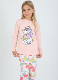 Resim Kız Çocuk Uzun Kollu %100 Pamuklu Pijama Takımı Happines Somon SOMON 