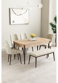 Resim Clara Meşe Desen 80x132 Açılabilir Yemek Odası Takımı 4 Sandalye, 1 Bench Krem 