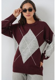 Resim Bigdart 15895 Baklava Desenli Oversize Triko Kazak - Y.bordo 