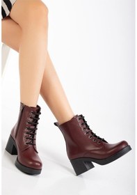 Resim 5109-3025 Bordo Bağcıklı Fermuarlı Kalın Topuklu Günlük Kadın Bot Bordo 