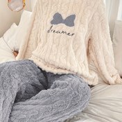 Resim Kışlık Kadınlar İçin Sıcak Polar Pijama Takımı, Şirin Fiyonk Desenli Rahat Ev Kıyafeti 