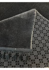 Resim Puffy Gri Oval Örgü Saçaklı Peluş Yumuşacık Yıkanabilir Kaymaz Taban Halı Salon Oturma Odası Antrasit 