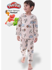 Resim Zuzunga Animal Desenli İnterlok %100 Pamuk Çocuk Pijama Takımı 4'lü Oyun Hamuru Hediye Bej 