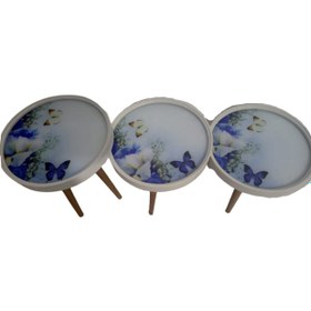 Resim Zigon Sehpa Çember Mavi Kelebek Model Kayın Retro Parlak Ceviz 3 