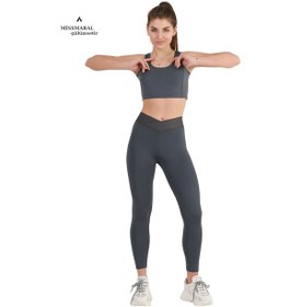 Resim Missmaral Kadın Yüksek Bel Antrasit Bilek Boy Tayt Özel Üretim Çapraz Kemer Cross Waist 1011 Antrasit 