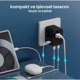 Resim Fulltech Universal Seyahat Priz Dönüştürücü Adaptör, 45W Şarj Cihazı, 2x USB Girişi, 3x Type-C Girişi, Uluslararası Güç Adaptörü, Tr, Us, Uk, 