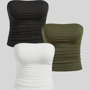 Resim 3'lü Paket Büyük Beden Kadınlar İçin Düz Renk Pilili Tüp Üstler - Esnek Polyester Karışımı, Rahat Omuz Çıkarılabilir Tasarım, Yazlık Giyim İçin İdeal 