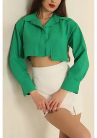 Resim Defymoda Poplin Crop Gömlek Yeşil S3060 Yeşil 