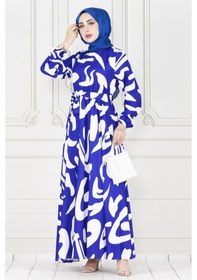 Resim Sevitli Geometrik Desenli Elbise-saks Mavi-3894-saks Mavi Saks Mavisi 