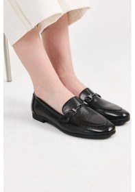 Resim Kadın Siyah Tokalı Şık Klasik Loafer Siyah 