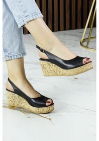 Resim Erkan Saçmacı Heather Siyah Hakiki Dana Derisi Mantar Taban Görünümlü Dolgu Topuklu Slingback Sandalet 