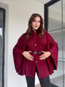 Resim Kemerli düğmeli panço-BORDO - STD 
