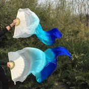 Resim 2 Adet Gradyan Renkli Dans Yelpazesi Seti - Mavi'den Beyaza Akıcı İpek Yelpaze, Sol ve Sağ El İçin Sahne Gösterileri, Zeytin Dansı, Festivaller ve Hediye Etkinlikleri için 