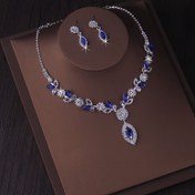 Resim Şık Gelin Takı Seti, Gümüş Kaplama Bakır, Mavi Sentetik Kristal, Aralık Doğum Taşı, Düğün için Moda Kolye ve Küpeler, Sentetik Elmas Taşlı saç tokası Zinciri, Nedime Hediyesi 
