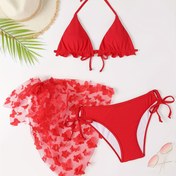 Resim Solid Color Butterfly Applique 3 Parça Mayo Seti, Üçgen Halter Bağlama Askısı Marul Kenarlı Bikini, Kadın Mayo ve Giyim 