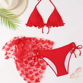 Resim Solid Color Butterfly Applique 3 Parça Mayo Seti, Üçgen Halter Bağlama Askısı Marul Kenarlı Bikini, Kadın Mayo ve Giyim 
