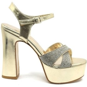 Resim Feles 13 Cm Yüksek Platform Çapraz Bant Topuklu Taşlı Kadın Abiye Ayakkabı Altın 