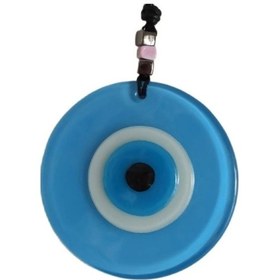 Resim Nazar Boncuklu Deri İpli Bebe Mavisi Renginde Cam Duvar Süsü 