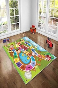 Resim Pelangi Sayı Öğretici Renkli Çiftlik Temalı Dijital Baskılı Yıkanabilir Kaymaz Taban Eğitici Çocuk Halısı, Yeşil-Mavi 100 x 300 