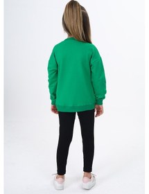 Resim Toontoy Kids Toontoy Kız Çocuk 2'li Takım Baskılı Bisiklet Yaka Düşük Omuz Sweatshirt & Basic Düz Tayt Çimen Yeşili 