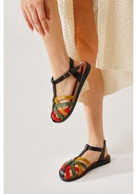 Resim Hakiki Deri Agi Siyah Çapraz Örgü Bantlı Sandalet 001 